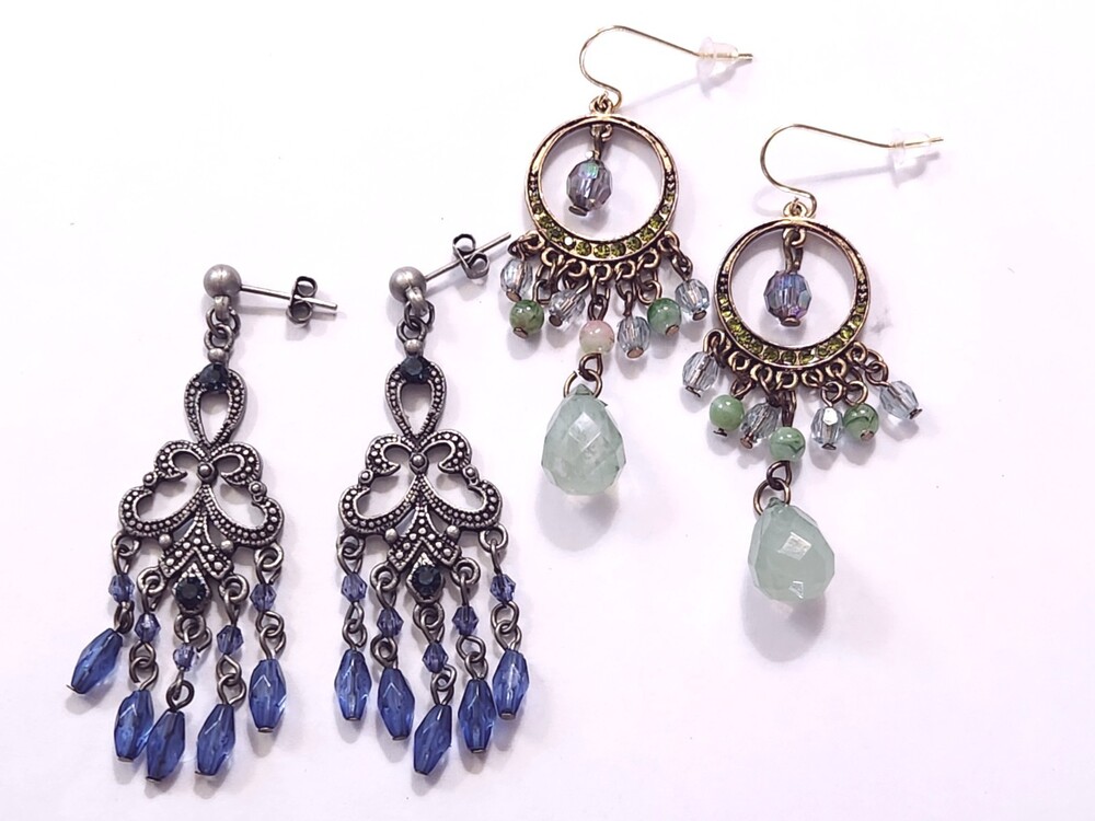 2 pr Pierced Earrings Antiqued Gold/Silver Tone Victorian Chandelier Dangles